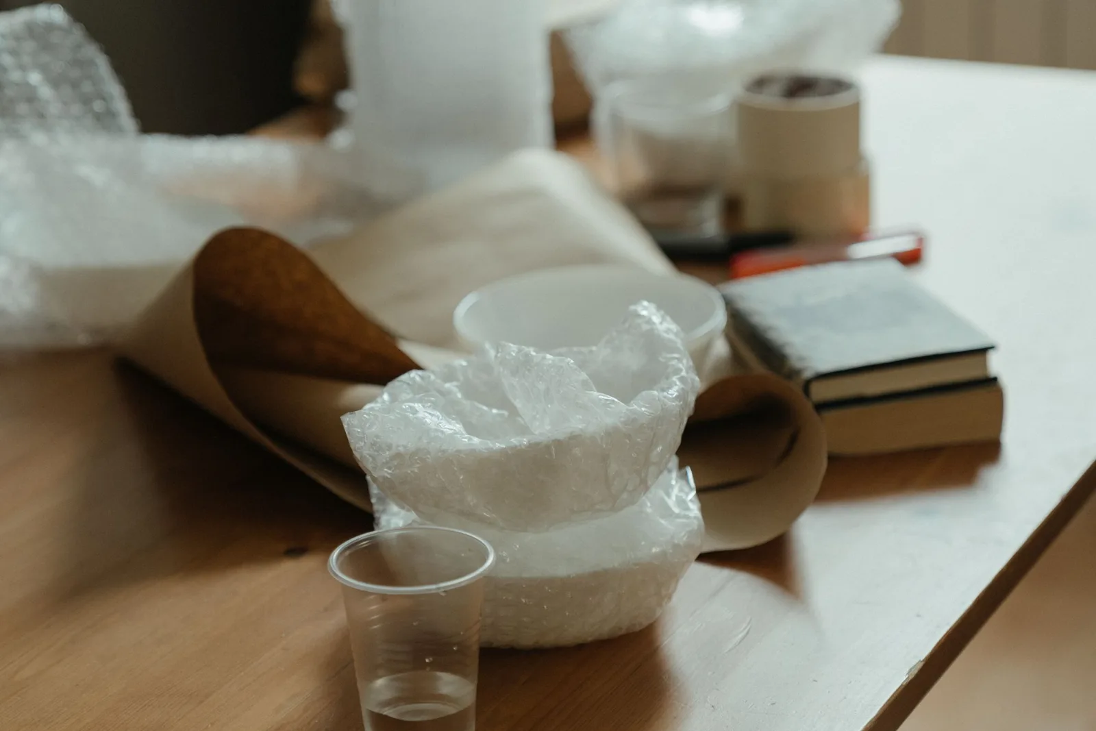Packing supplies including flat cartons, bubble wrap and tape laid out on a table